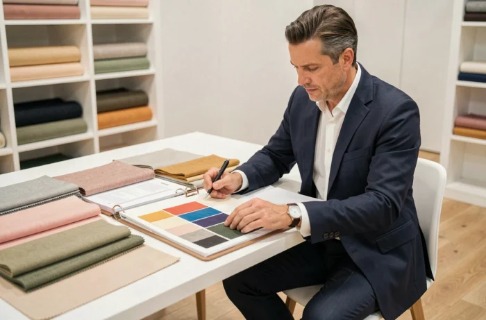 Acheteur mode analysant des échantillons de textile dans un showroom professionnel