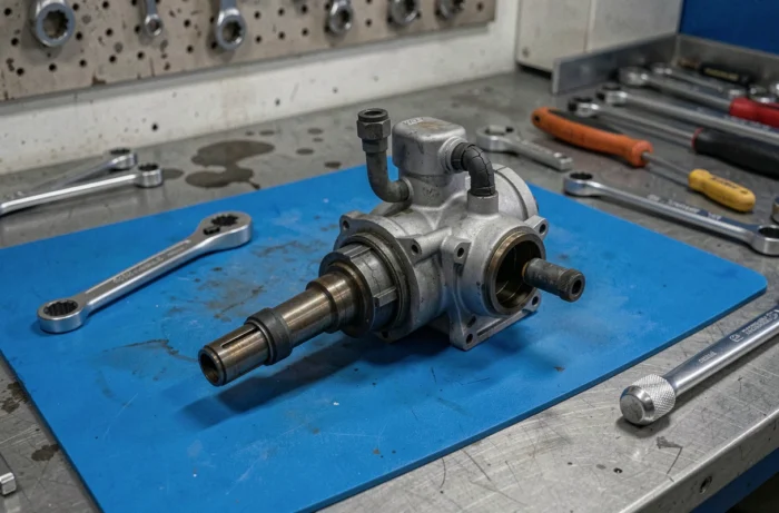 Actionneur de turbocompresseur Peugeot démonté posé sur un établi de garage, associé au code défaut P2563