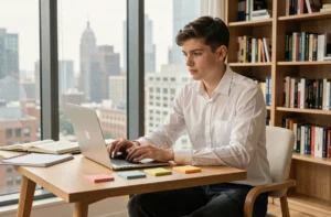 Adolescent concentré devant un ordinateur portable dans un bureau moderne, symbolisant la réussite entrepreneuriale précoce