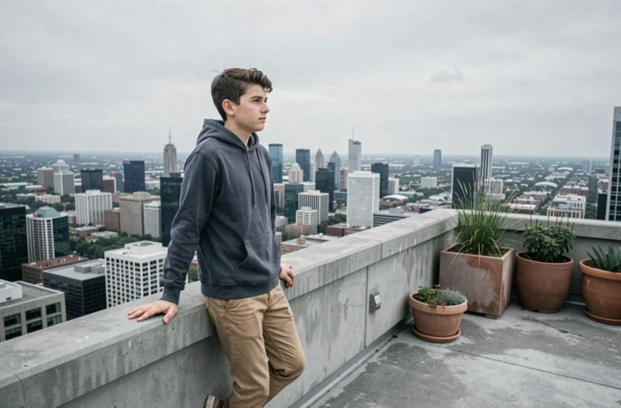Adolescent debout sur un toit en terrasse avec vue panoramique sur la ville, illustrant un parcours de réussite exceptionnel