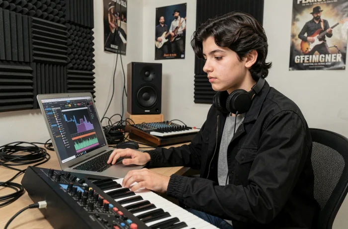 Adolescent en studio d'enregistrement maison explorant la production musicale sur ordinateur avec un clavier MIDI