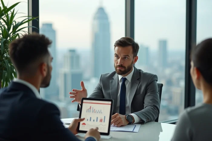 Agent immobilier présentant des investissements immobiliers à des clients dans un bureau moderne urbain