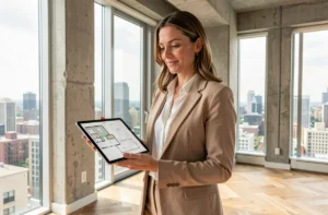 Agente immobilière présentant des plans d'appartement moderne sur tablette dans un intérieur contemporain aux grandes baies vitrées