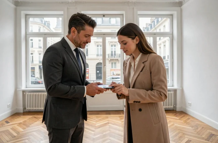 Deux agents immobiliers consultant les données de gestion locative sur smartphone dans un appartement rénové