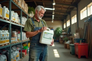 Agriculteur portugais examinant une bouteille d'herbicide à base de glyphosate dans un magasin agricole