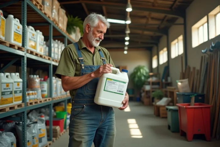 Agriculteur portugais examinant une bouteille d'herbicide à base de glyphosate dans un magasin agricole
