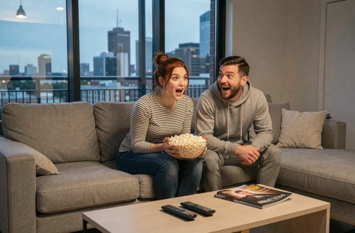 Deux amis découvrant ensemble une série recommandée par des experts dans un appartement moderne