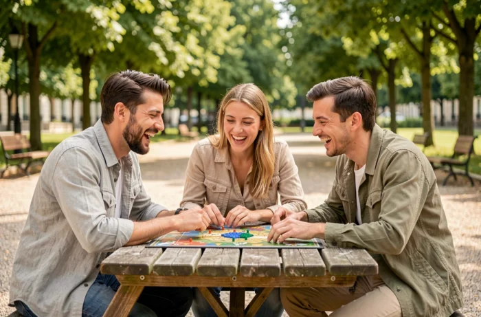 Groupe d'amis jouant à un jeu de société dans un parc urbain, loisirs en plein air