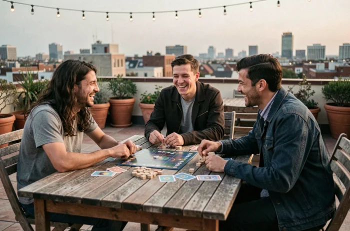 Groupe d'amis jouant à un jeu de société sur une terrasse urbaine, moment de convivialité et de loisirs en plein air