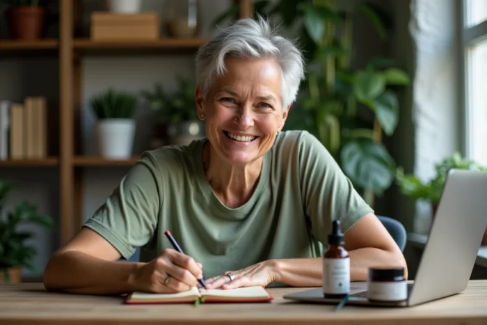 Femme analysant et comparant la composition des produits de soin bio La Provençale en prenant des notes à son bureau