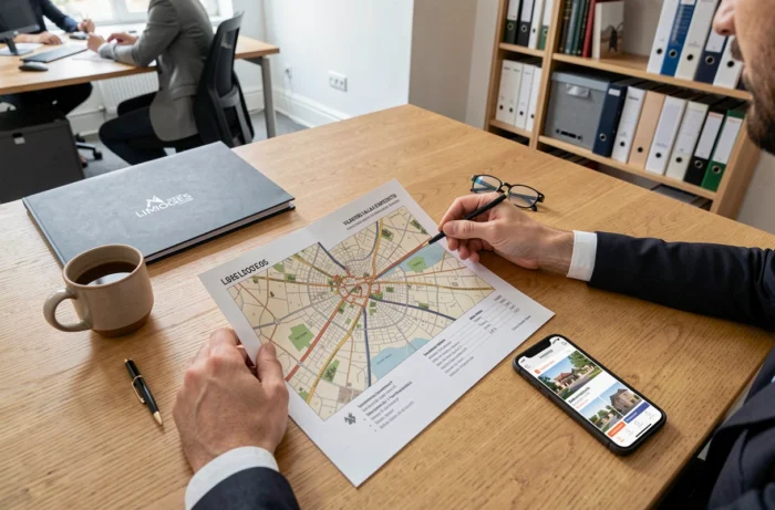 Vue en plongée d'un conseiller immobilier de l'agence Dumoulin 87 à Limoges analysant un plan de quartier et un rapport d'estimation avec un client