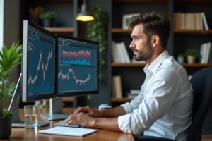 Homme analysant des graphiques boursiers sur deux écrans dans un bureau moderne, symbolisant le suivi d'investissements en bourse