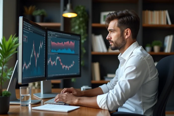 Homme analysant des graphiques boursiers sur deux écrans dans un bureau moderne, symbolisant le suivi d'investissements en bourse