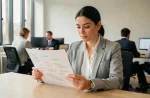 Femme analyste web examinant un plan de sitemap imprimé dans un bureau moderne