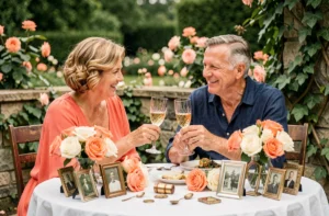 Couple fêtant leurs 35 ans de mariage autour d'une table décorée de roses dans un jardin élégant