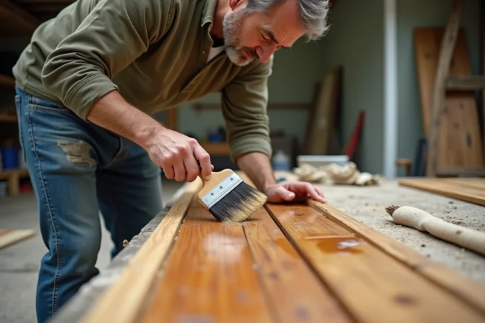 Homme appliquant de la lasure Parkside sur une clôture en bois avec un pinceau large dans un atelier extérieur