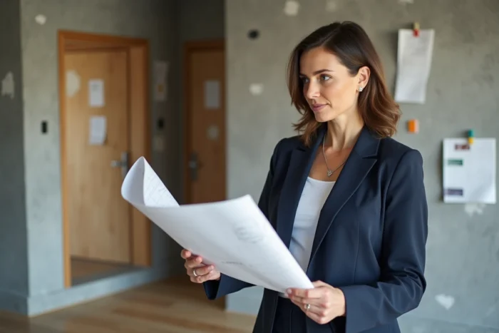 Architecte femme analysant des plans de rénovation dans un appartement moderne en travaux en 2024