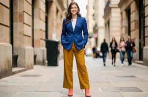 Femme portant une tenue colorée associant bleu cobalt, jaune moutarde et rouge corail dans une rue urbaine, illustration parfaite de l'harmonie de trois couleurs vives