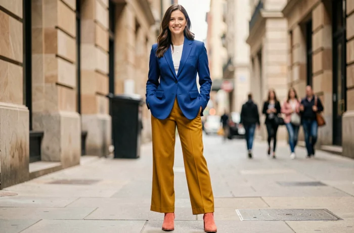 Femme portant une tenue colorée associant bleu cobalt, jaune moutarde et rouge corail dans une rue urbaine, illustration parfaite de l'harmonie de trois couleurs vives