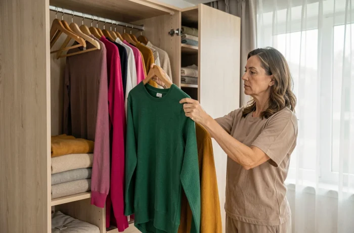 Femme devant son armoire ouverte qui associe trois vêtements aux couleurs vives — rose framboise, vert émeraude et jaune ambre — pour créer une harmonie colorée dans sa garde-robe