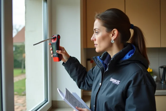 Auditrice énergétique mesurant la performance thermique d'un double vitrage dans une cuisine de maison pavillonnaire