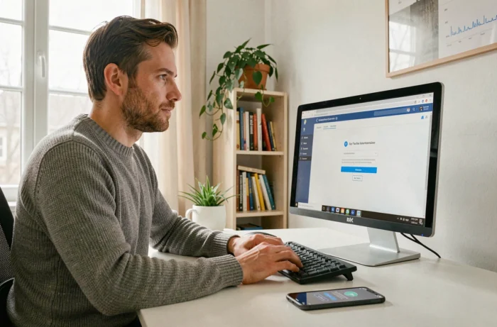 Homme utilisant l'authentification à deux facteurs pour sécuriser l'accès à un portail numérique depuis son domicile