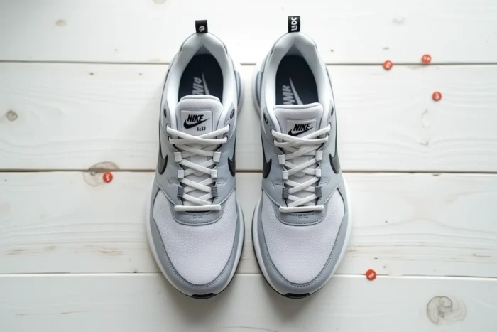Paire de Nike Air Max authentiques vue de dessus sur fond blanc, détails du logo Swoosh et des coutures visibles pour l'authentification