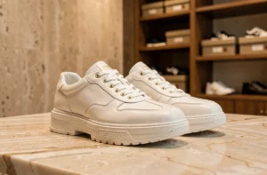 Baskets italiennes femme en cuir blanc premium Serafini posées sur marbre poli dans une boutique de luxe
