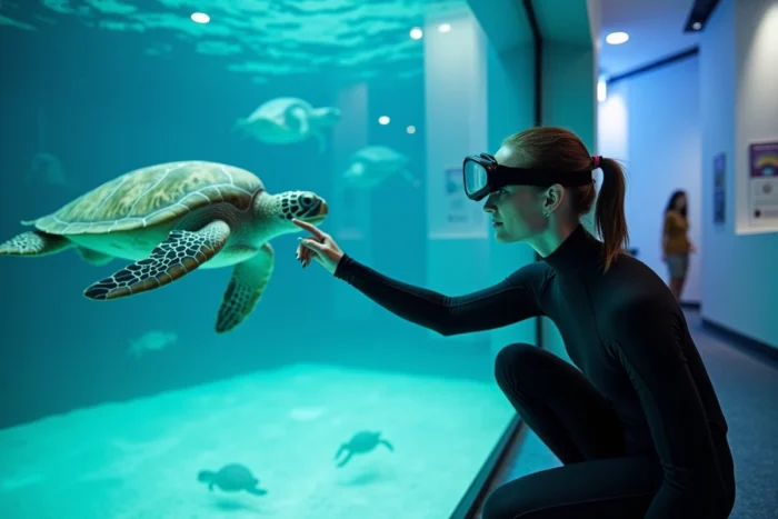 Biologiste marine observant une tortue de mer dans un aquarium de recherche, étude de la faune marine