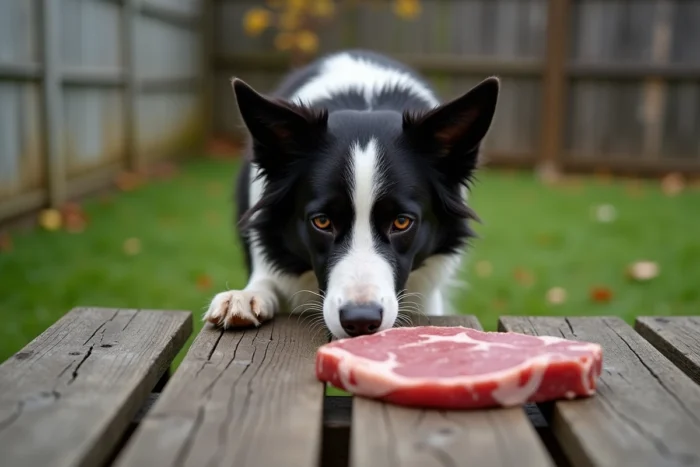Border collie inspectant un morceau de viande suspecte sur une table en bois dans un jardin extérieur