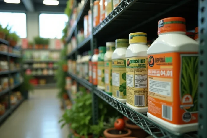 Bouteilles d'herbicide glyphosate 360 sur les étagères d'un centre agricole au Portugal
