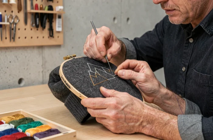 Artisan brodant un motif géométrique personnalisé sur un bonnet en laine gris charbon avec cerceau de broderie