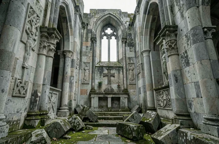 Intérieur en ruine d'une chapelle templière avec croix gravées et arches romanes envahies par la mousse