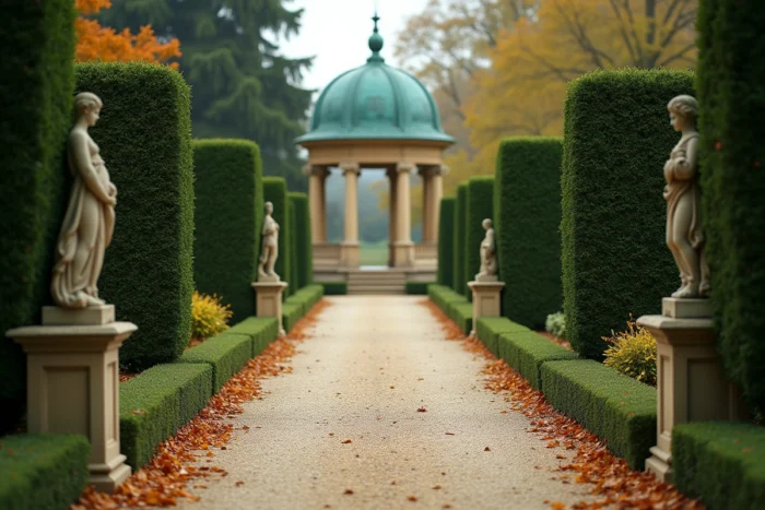 Allée de jardin à la française du château de Groussay, avec haies de if taillées, statues en pierre et pavillon de jardin à dôme en cuivre