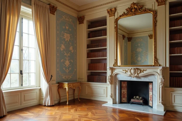 Intérieur d'un salon historique inspiré du château de Groussay, avec parquet en marqueterie, cheminée en marbre et mobilier Louis XVI doré