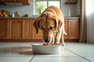 Chien golden retriever reniflant de la viande avariée dans un bol en céramique sur le sol d'une cuisine domestique