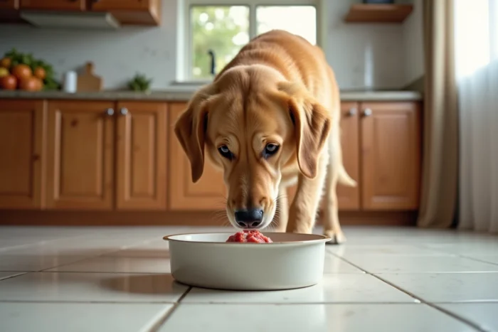 Chien golden retriever reniflant de la viande avariée dans un bol en céramique sur le sol d'une cuisine domestique
