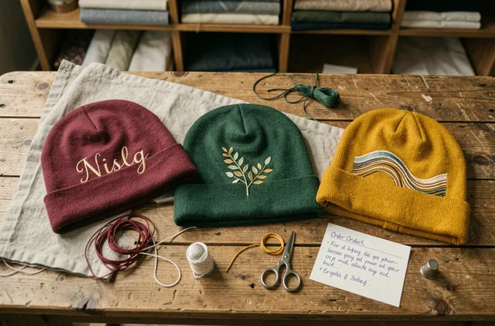 Trois bonnets brodés personnalisés avec différents motifs et couleurs présentés en flat lay dans un atelier de bonnets