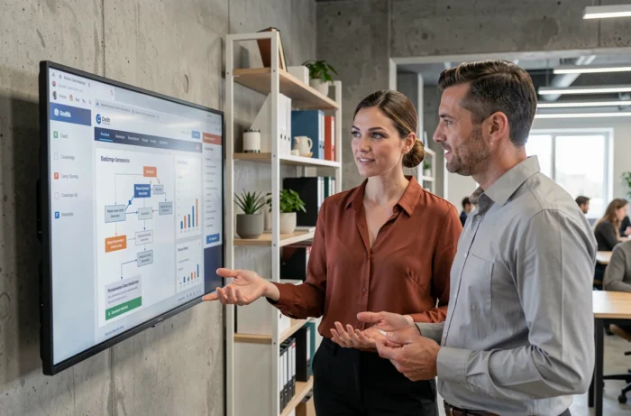 Deux collègues analysant ensemble le plan de navigation d'un site de crédit sur un écran mural en espace coworking