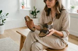 Femme comparant une sandale Billowy et une Birkenstock pour choisir la plus confortable