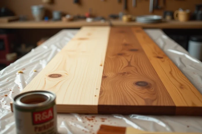 Comparaison entre bois brut et bois traité à la lasure Parkside, détail de la surface et de la pénétration du produit