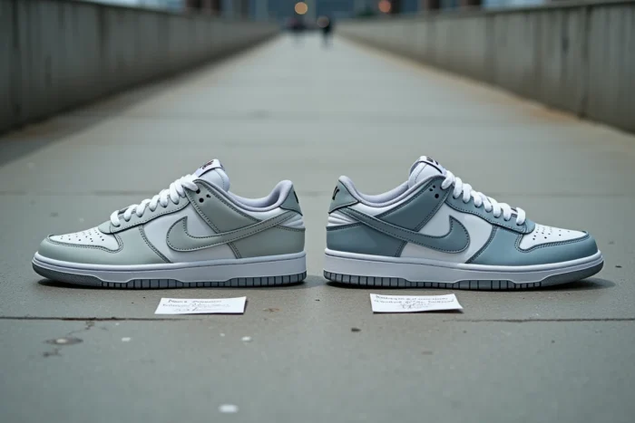 Comparaison côte à côte d'une Nike authentique et d'une contrefaçon pour identifier les différences visuelles clés