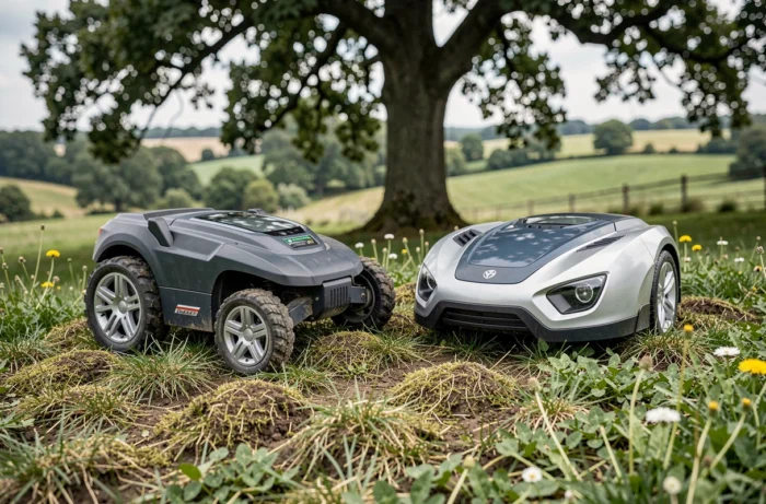 Comparaison de deux robots tondeuses pour forte pente et terrain accidenté posés sur une pelouse vallonnée