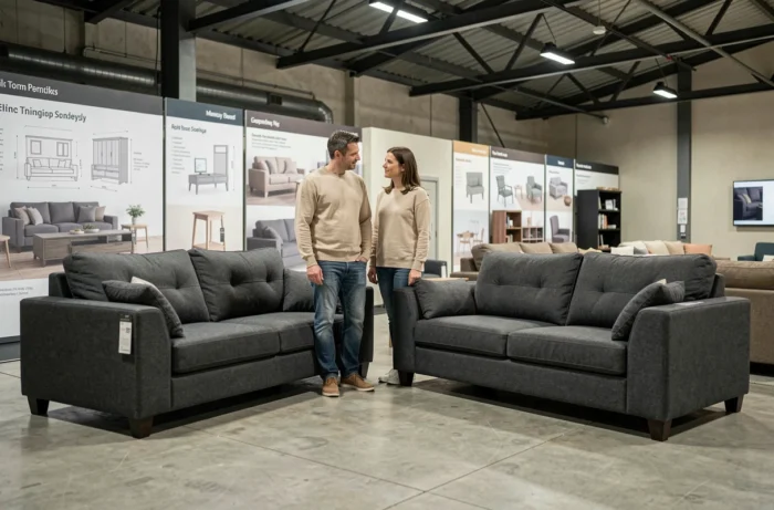 Couple comparant deux canapés de tailles différentes dans un showroom de mobilier pour trouver la dimension adaptée à leur salon