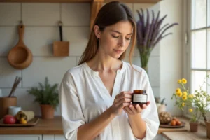 Femme examinant les ingrédients d'une crème bio La Provençale dans une cuisine provençale avec des plantes naturelles