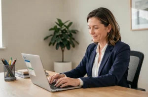 Femme professionnelle connectée à son coffre-fort numérique MyArkevia sur un ordinateur portable dans un bureau moderne