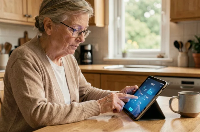 Personne senior utilisant une tablette pour se connecter à son coffre-fort numérique sécurisé depuis la maison