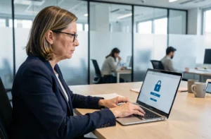 Femme professionnelle se connectant de manière sécurisée à un portail en ligne depuis son bureau en entreprise