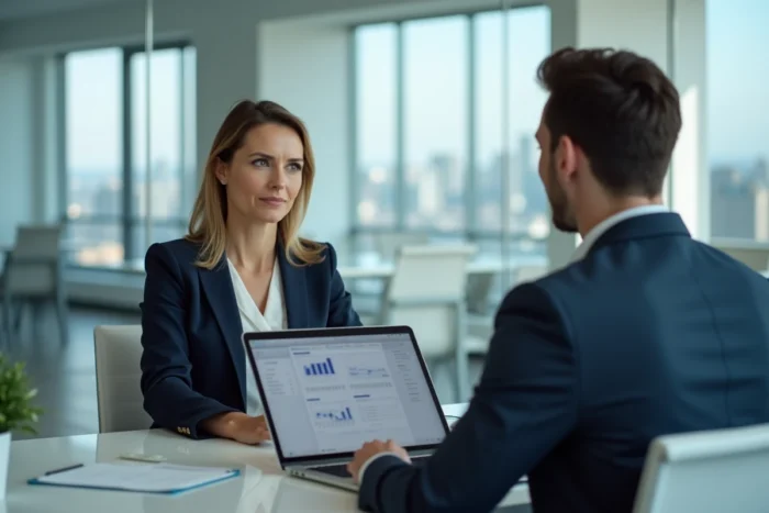 Agente immobilière conseillant un client dans un bureau moderne avec vue sur la ville
