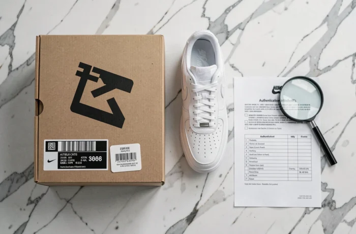 Vue à plat d'une Nike Air Force 1 avec boîte, étiquette code barre et loupe pour vérification d'authenticité